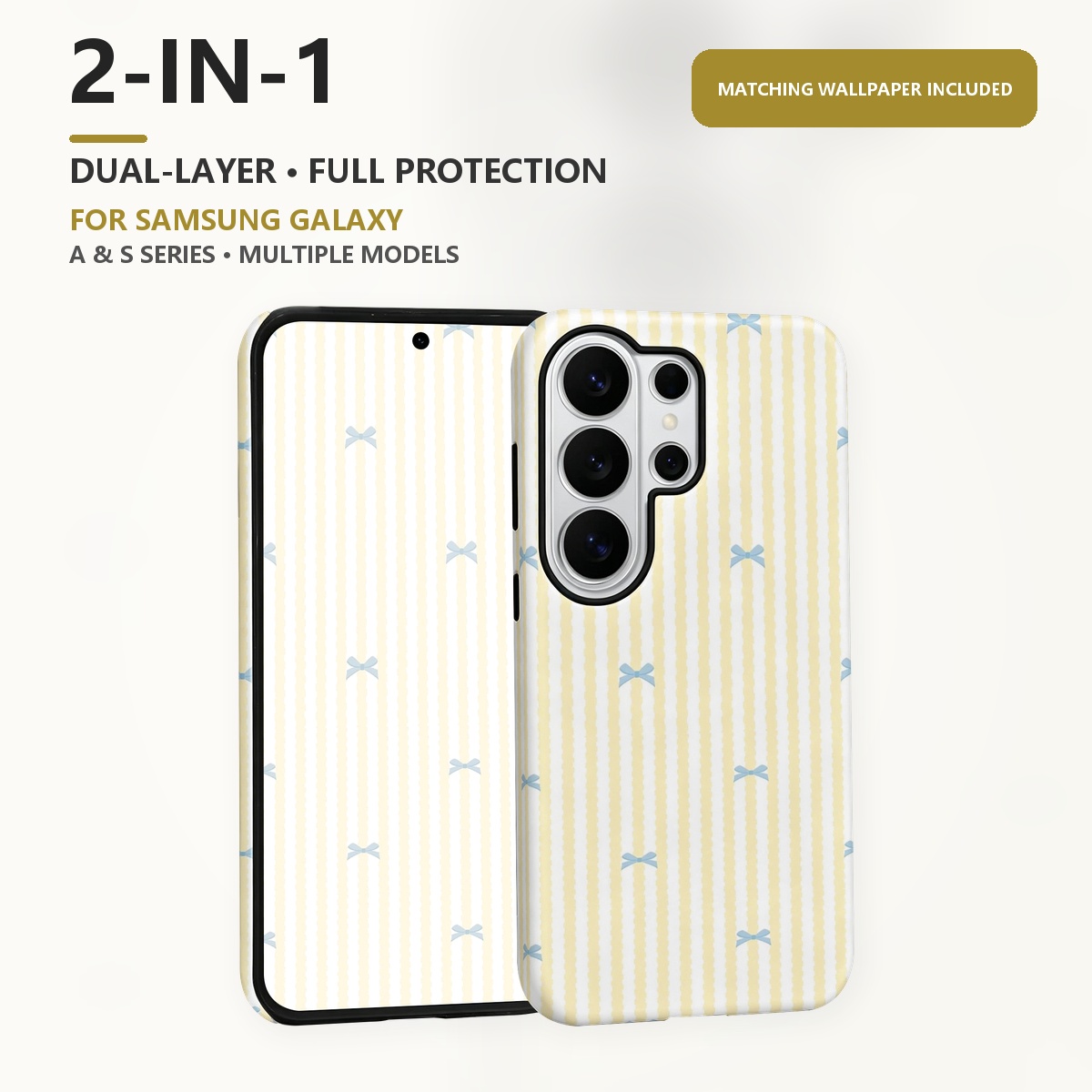 Samsung Galaxy S24 - เคสโทรศัพท์แบบสองชั้น 2-in-1 ลายทางสีเหลือง โบว์สีน้ำเงิน สำหรับ Samsung