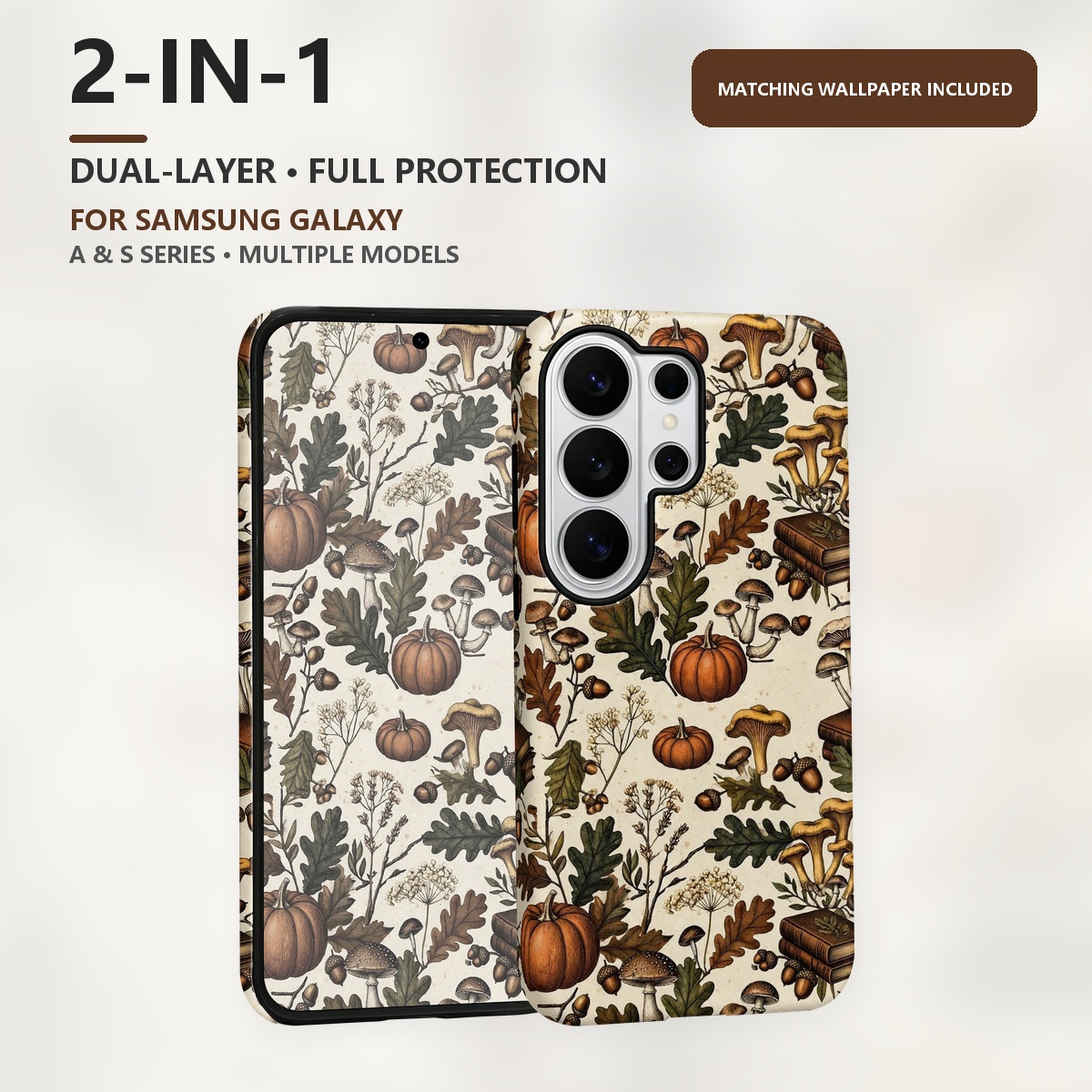 Samsung Galaxy S24 - เคสโทรศัพท์แบบสองชั้น 2-in-1 ลายเห็ดฟักทองฤดูใบไม้ร่วง สำหรับ Samsung Galaxy